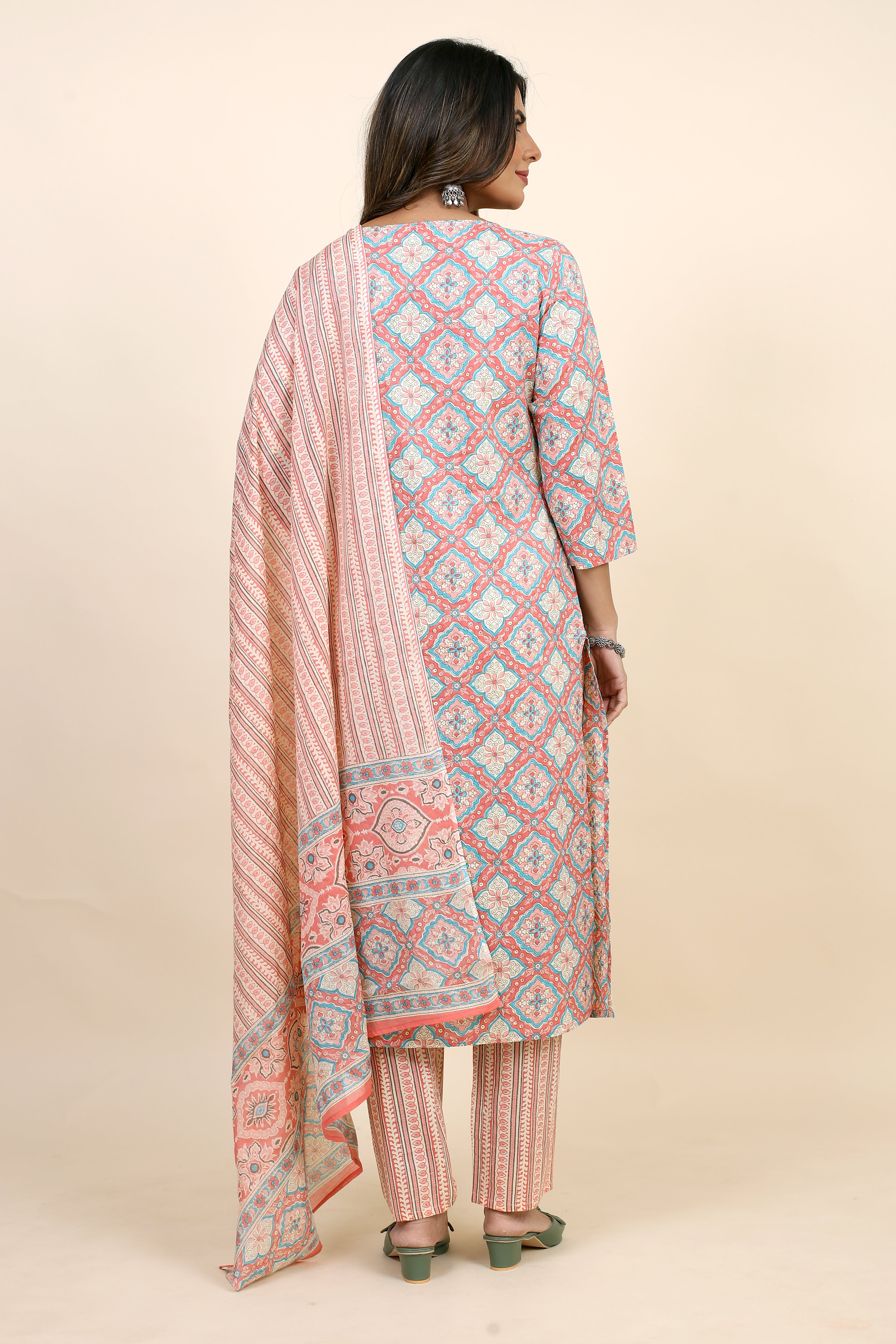 pink colored kurta pant set