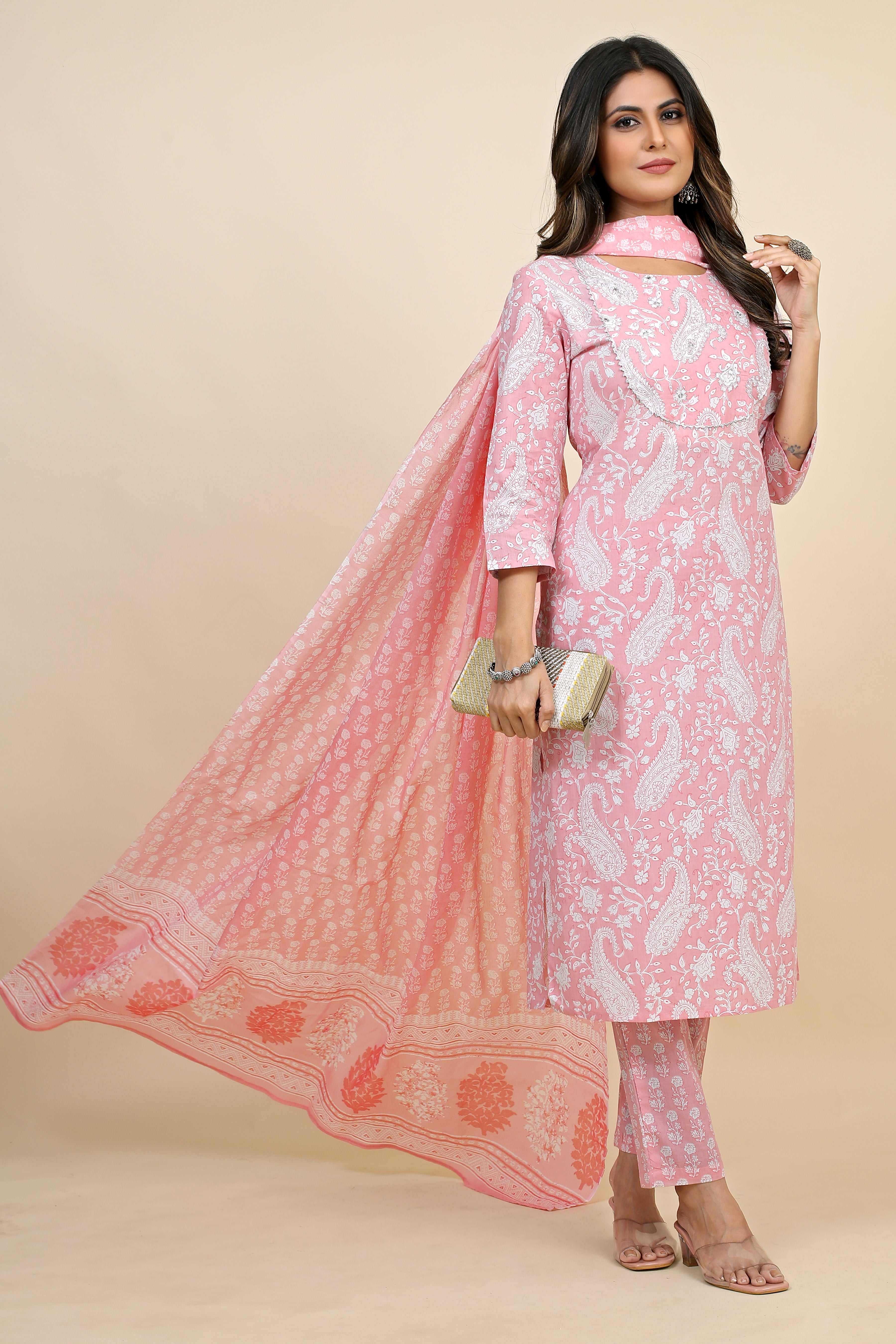 pink colored kurta pant set