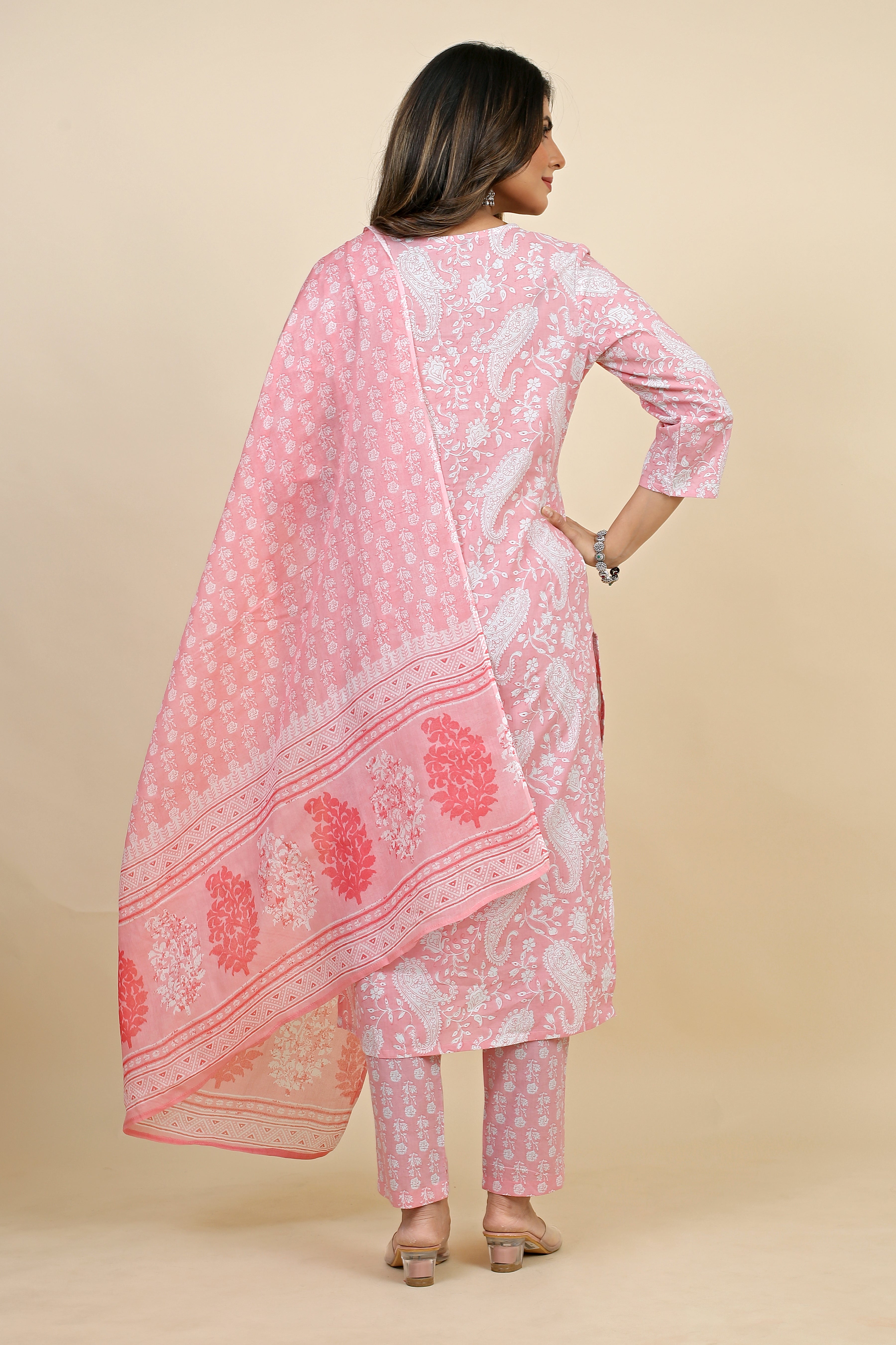 pink colored kurta pant set