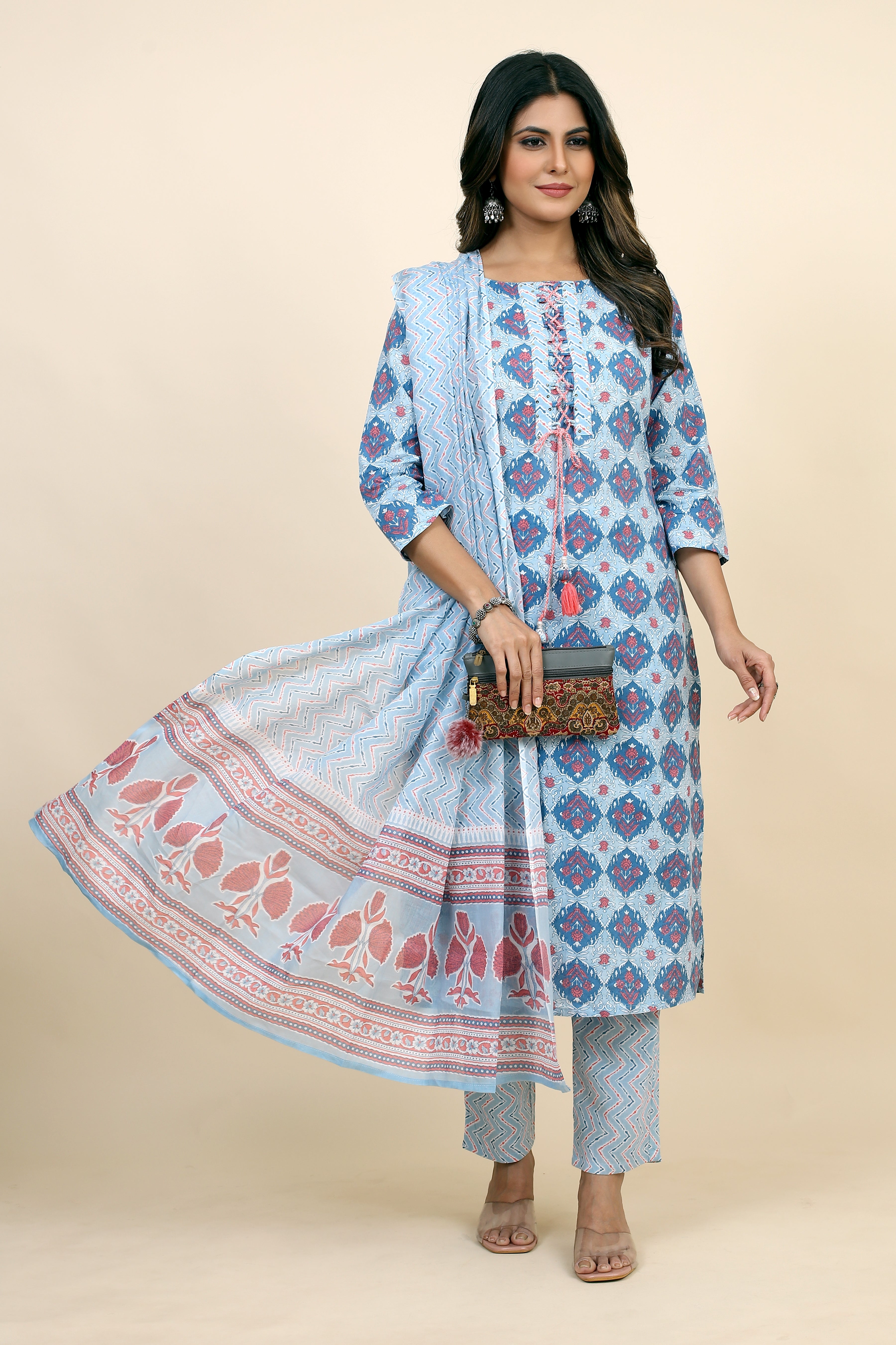 blue colored kurta pant set